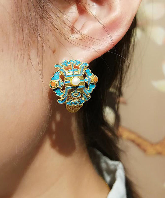 Boucles d'oreilles créoles en or bleu ancien et perles cloisonnées - Wavlynn