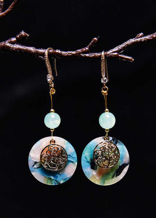 Boucles d'oreilles pendantes de style national en jade circulaire bleu fin - Wavlynn