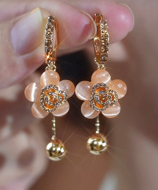 Boucles d'oreilles pendantes florales en alliage d'or fin et pierre œil de chat en zircon - Wavlynn