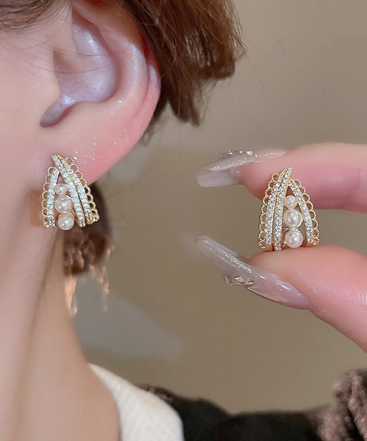 Boucles d'oreilles à tige en or fin, cuivre, perle et zircon - Wavlynn
