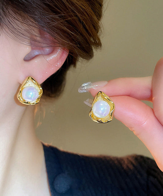 Boucles d'oreilles à tige en acier inoxydable doré fin avec perles - Wavlynn
