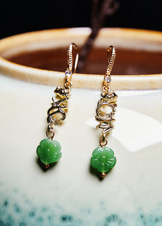 Boucles d'oreilles pendantes dorées en jade tournesol vert fin - Wavlynn