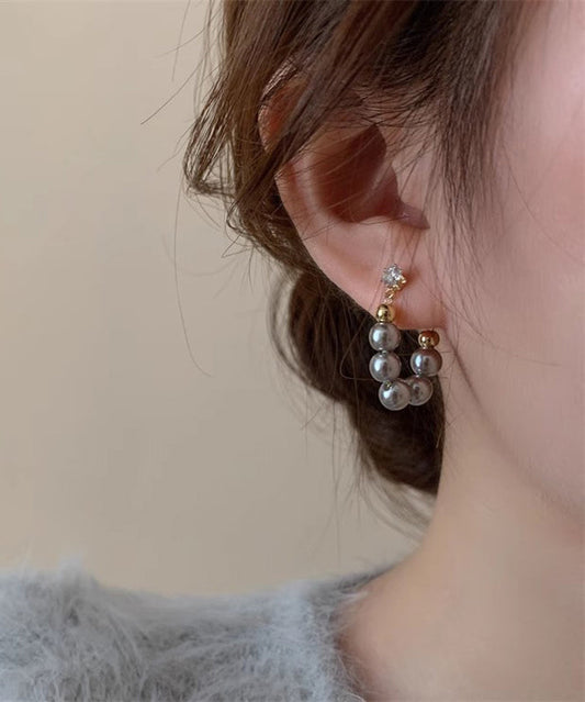 Boucles d'oreilles créoles en alliage de cuivre gris fin avec perles - Wavlynn