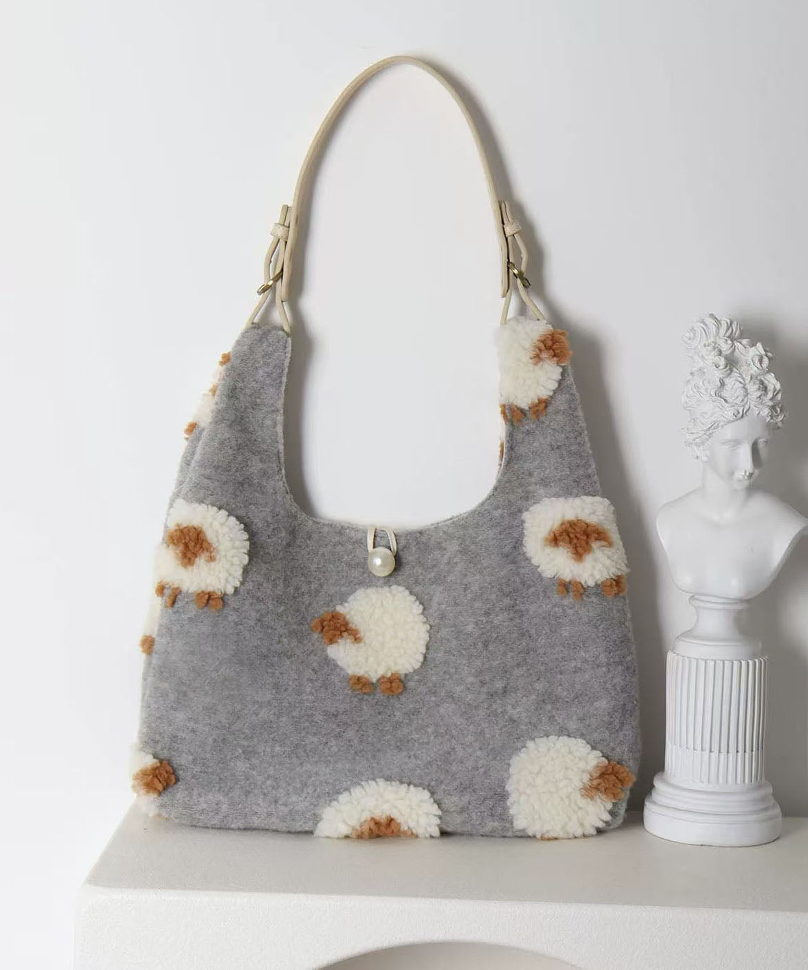 Sacs à bandoulière en fourrure de mouton jacquard gris fin et duveteux - Wavlynn