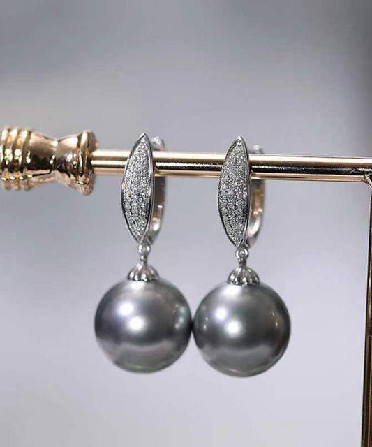 Boucles d'oreilles pendantes en argent sterling gris fin, zircon et perle - Wavlynn