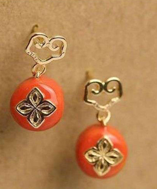 Boucles d'oreilles pendantes en argent sterling orange avec surdorure et motif kaki Ruyi - Wavlynn
