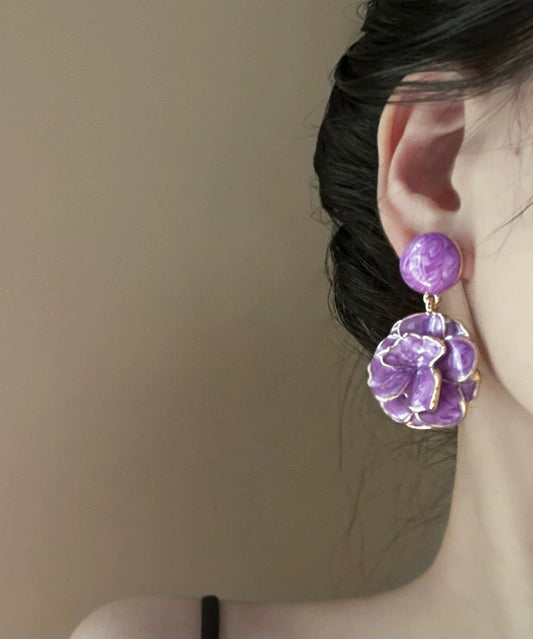 Boucles d'oreilles à tige en alliage d'argent sterling violet fin avec pendentif floral émaillé - Wavlynn