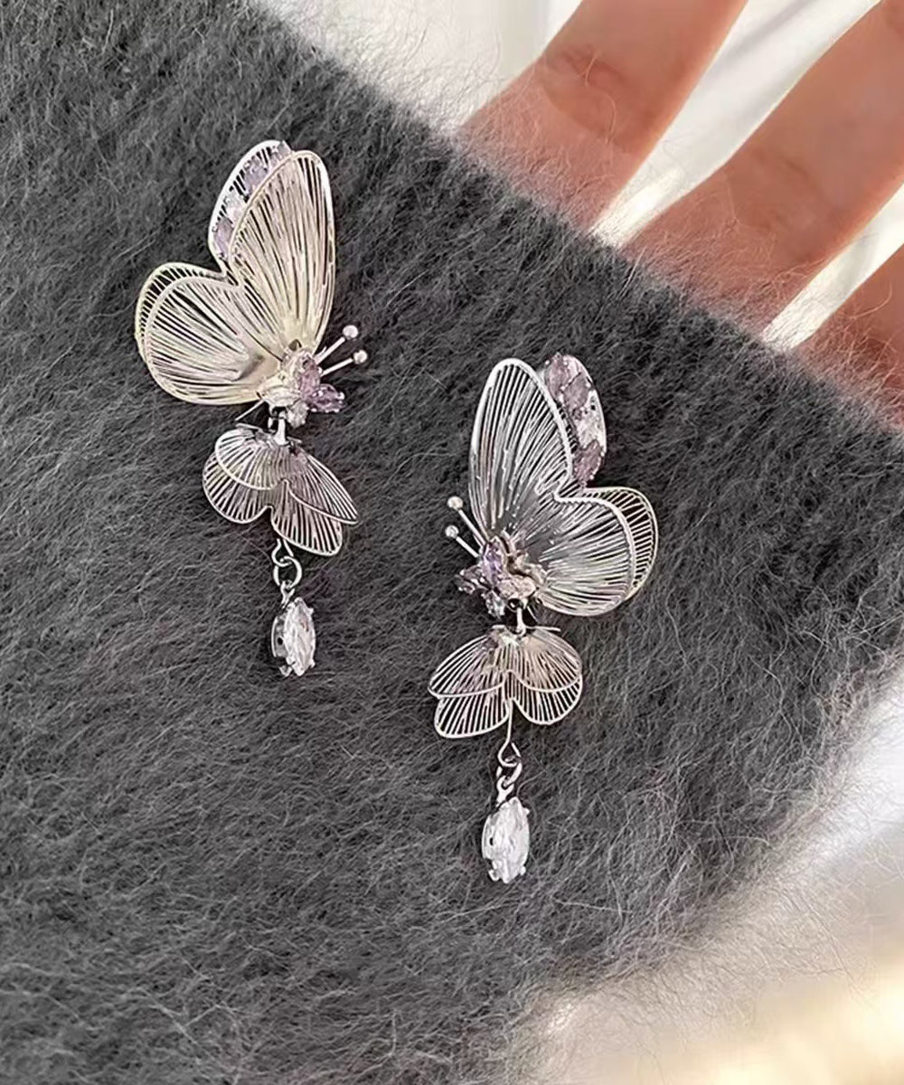 Boucles d'oreilles à tige creuses en soie fine avec zircon en forme de papillon - Wavlynn