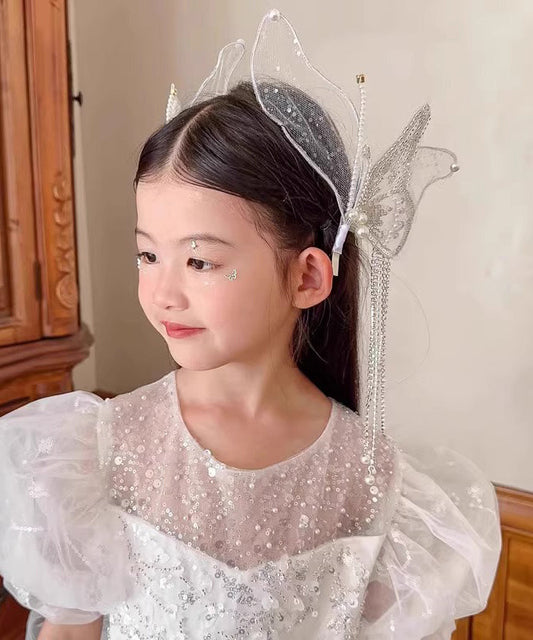 Épingle à cheveux pour enfants en alliage blanc fin avec papillon, tulle et perles - Wavlynn