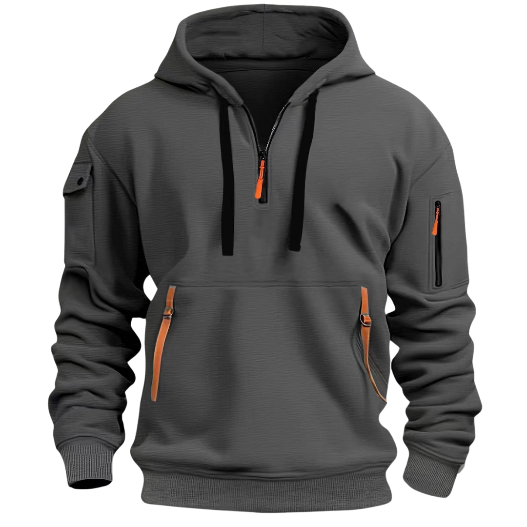 Men's gray utility hoodie long sleeve with multiple zippered pockets and sleeve pocket for everyday wear
