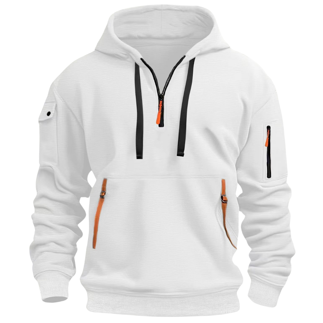Men's gray utility hoodie long sleeve with multiple zippered pockets and sleeve pocket for everyday wear