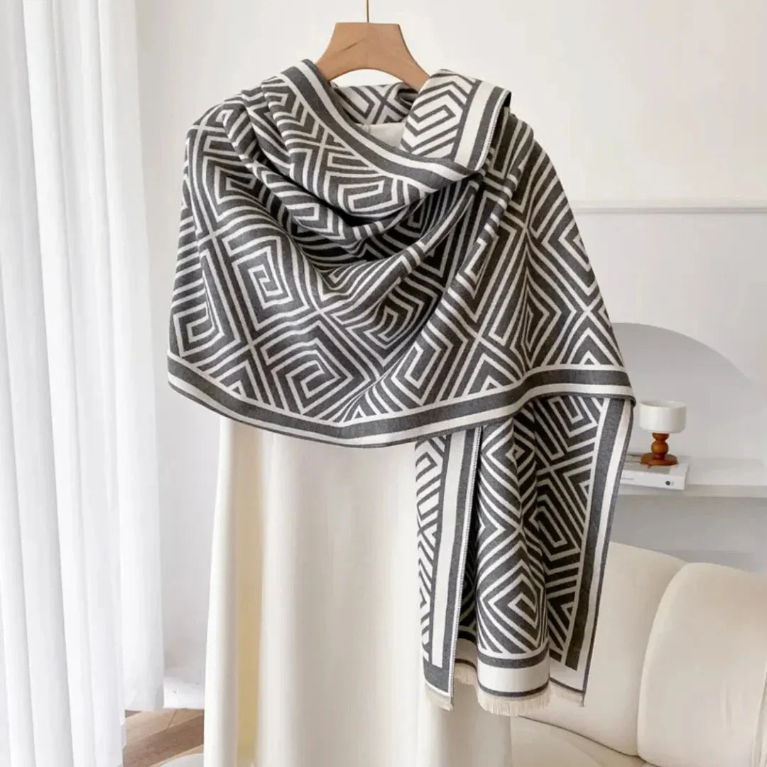 Reversible geometric print shawl in soft premium knit fabric, perfect for elegant layering
