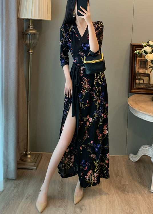 Robe longue noire ajustée à imprimé tunique et ouverture latérale pour l'été - Wavlynn