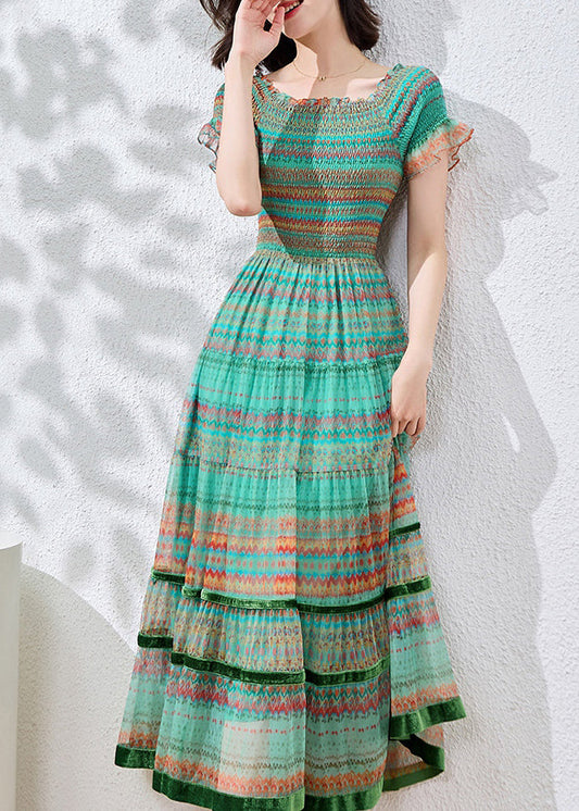 Robe d'été en coton patchwork bleu à volants et imprimés - Wavlynn