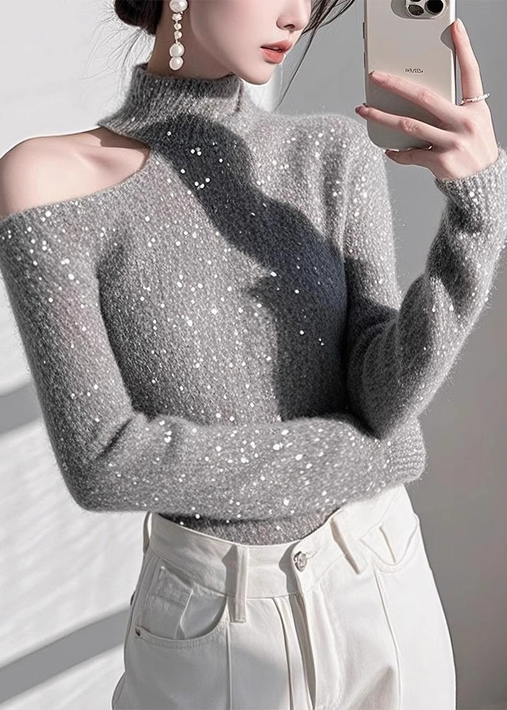 Pulls en tricot gris ajustés à épaules dénudées et paillettes, printemps - Wavlynn