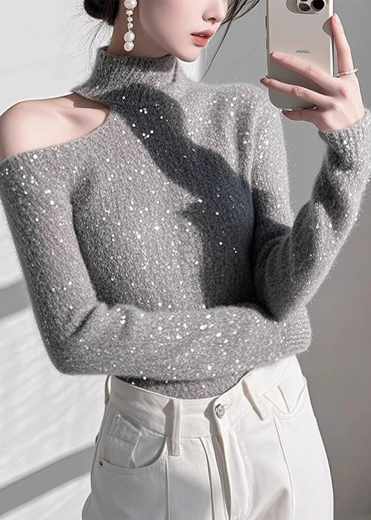 Pulls en tricot gris ajustés à épaules dénudées et paillettes, printemps - Wavlynn