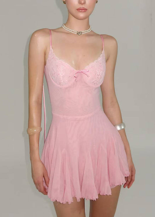 Mini-robes d'été en tulle rose, ajustées, dos nu, à lacets et patchwork - Wavlynn