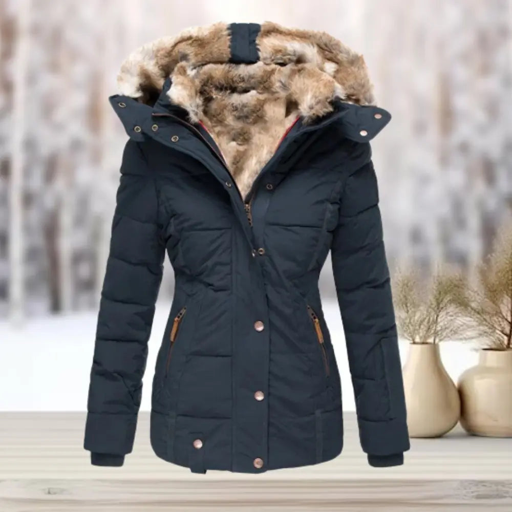 Women's lightweight puffer jacket with plush faux fur lining, slim silhouette, perfect for winter warmth