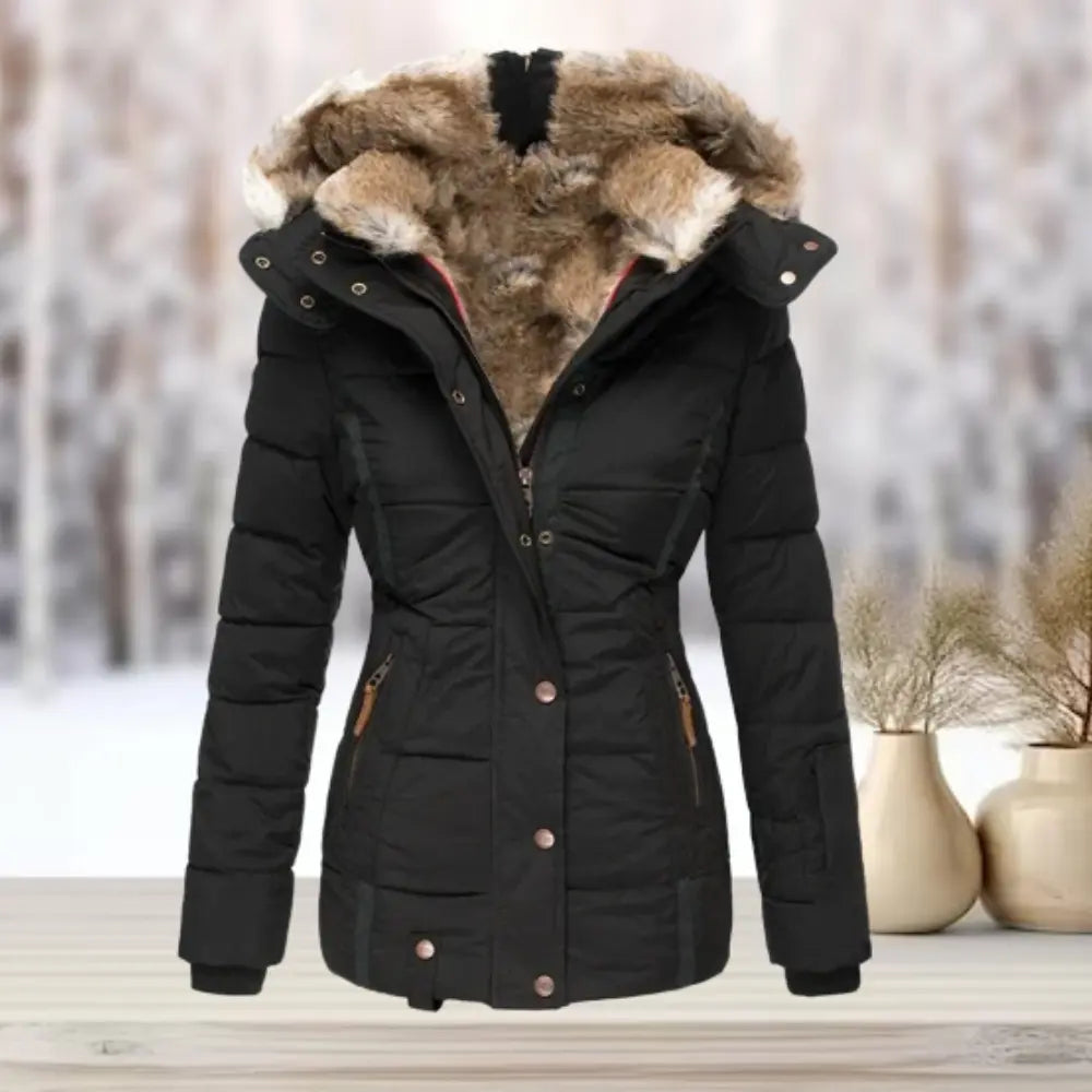 Women's lightweight puffer jacket with plush faux fur lining, slim silhouette, ideal for winter warmth