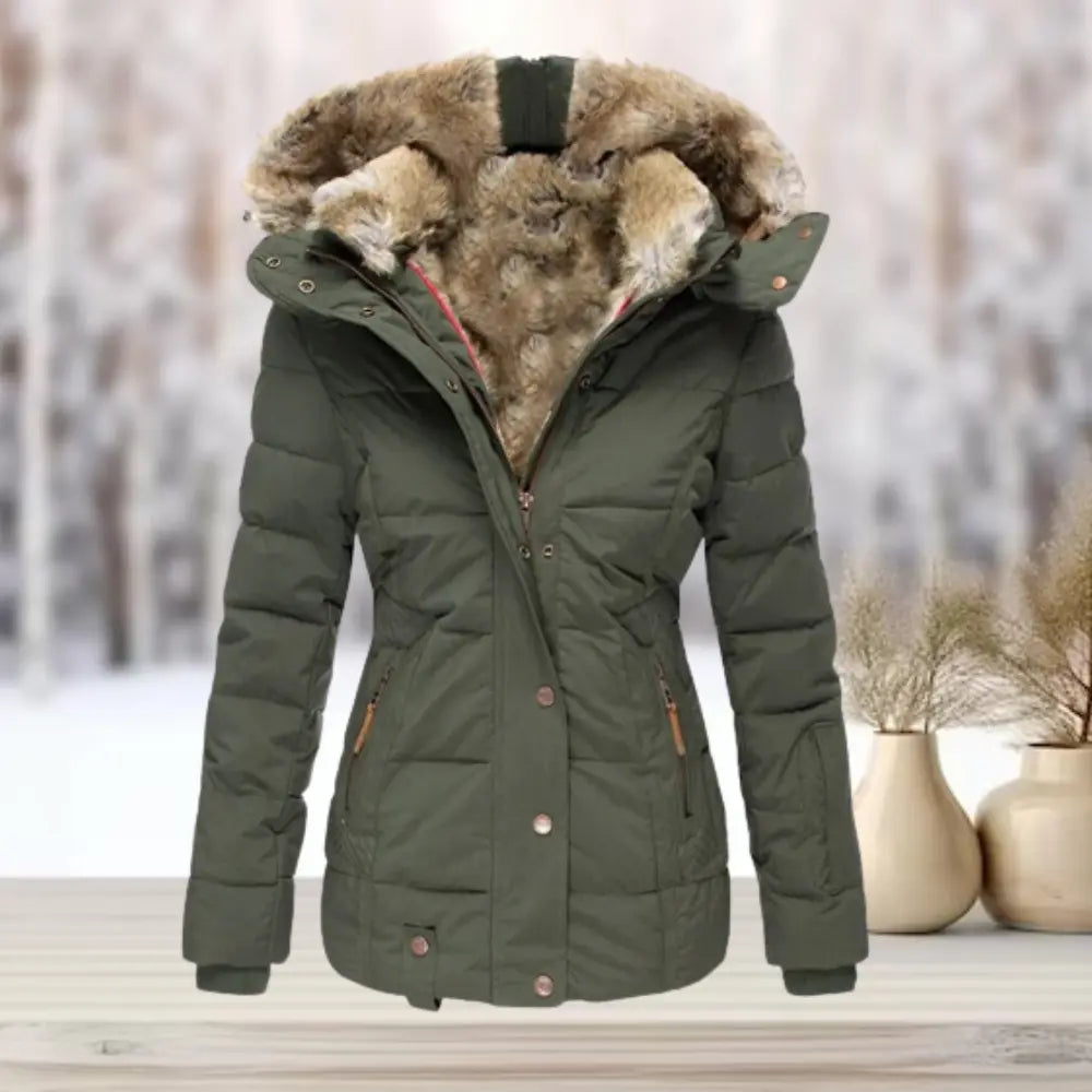 Women's lightweight puffer jacket with plush faux fur lining, slim silhouette, ideal for winter warmth