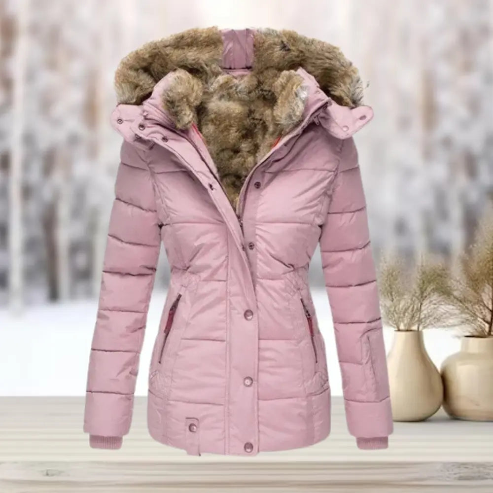 Women's lightweight black puffer jacket with plush faux fur lining, slim silhouette winter coat