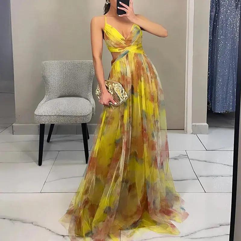Women's floral maxi dress pastel watercolor print airy chiffon silhouette elegant summer wedding guest
