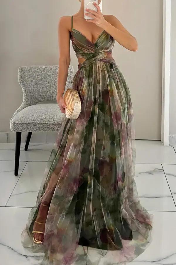 Women's floral maxi dress in soft pastel watercolor print, elegant airy chiffon silhouette for summer weddings