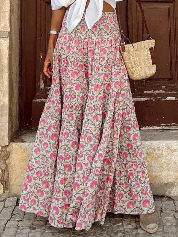 Women's vibrant floral print maxi skirt, relaxed bohemian fit with flowing silhouette