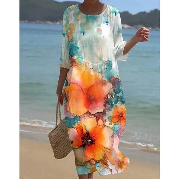 Women's floral print knee-length A-line dress with elegant drape and flattering silhouette
