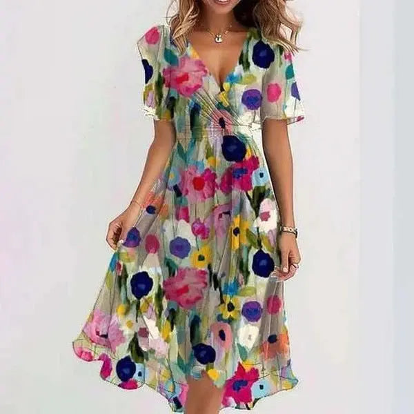 Women's floral midi dress, flowing A-line cut, vibrant print, waist-fitted silhouette for summer events