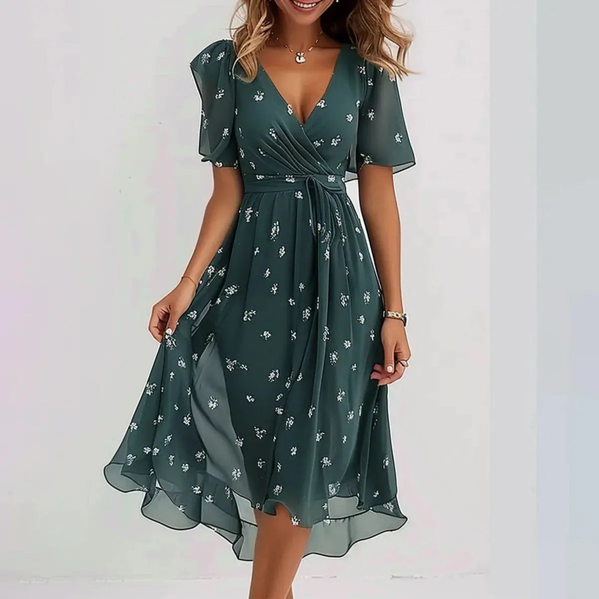Women's floral midi dress, flowing A-line silhouette in vibrant summer print, waist-tailored for elegant fit