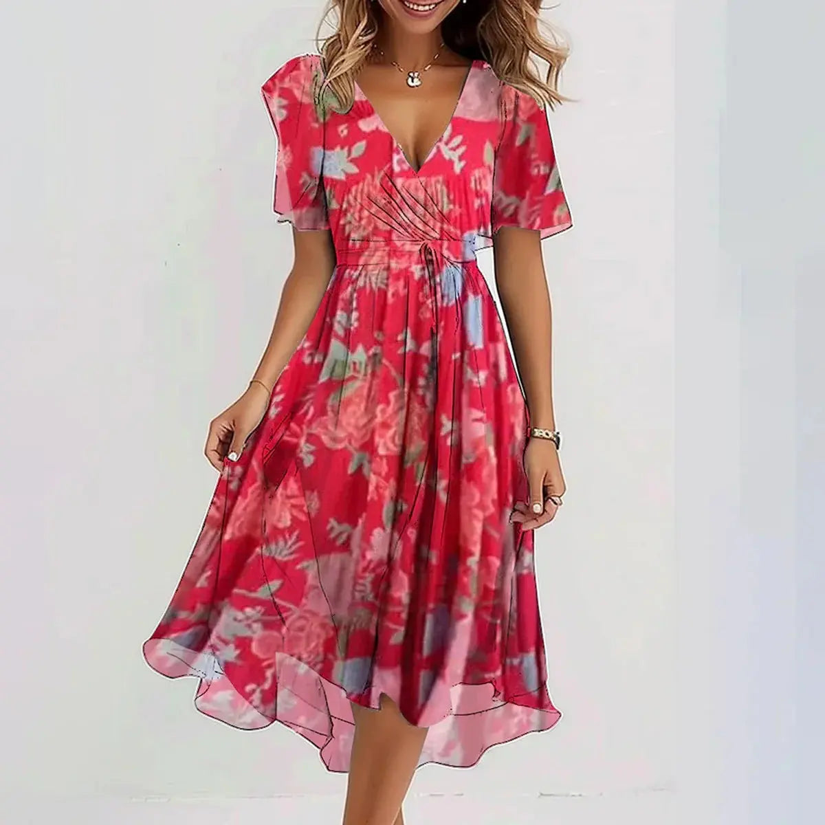 Women's floral midi dress, flowing A-line cut in vibrant summer print with waist-flattering silhouette