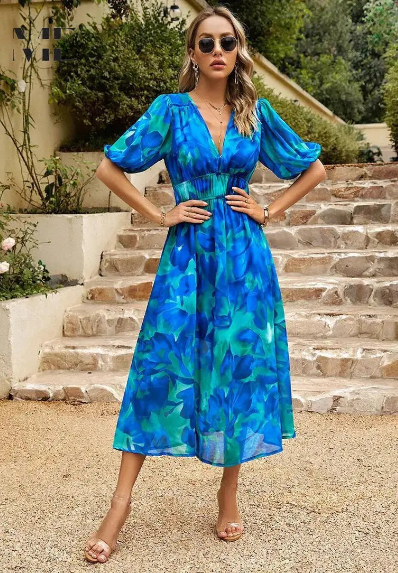 Women's floral midi dress elegant puff sleeves vibrant botanical print feminine spring style
