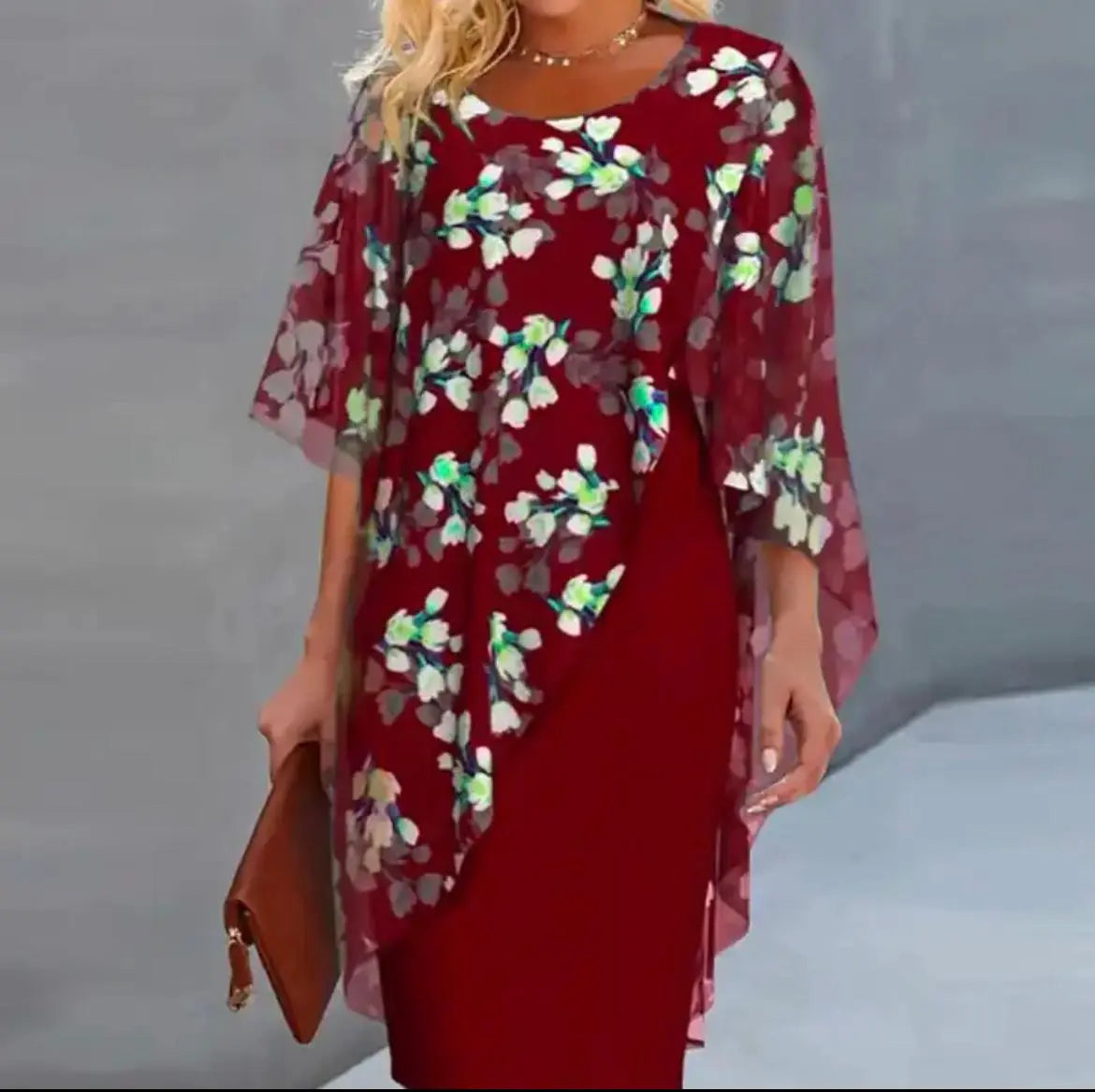 Women's floral overlay sheath dress, elegant fitted silhouette with romantic lightweight draped layer
