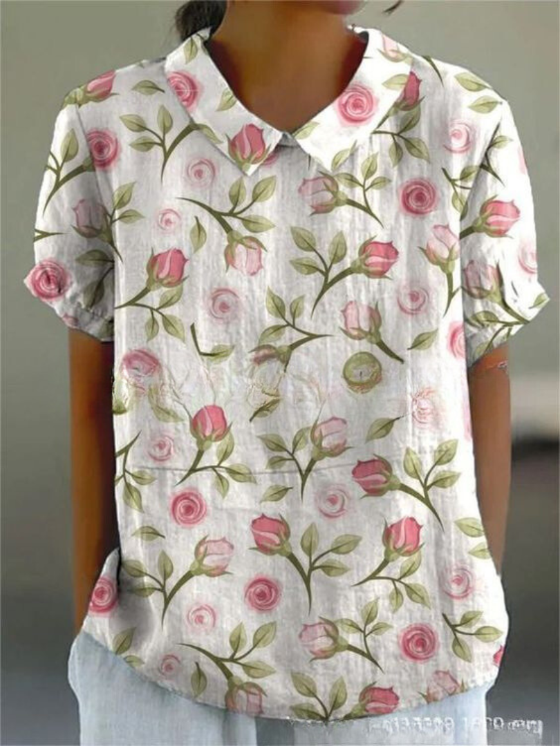 Women's relaxed floral print shirt with feminine bloom pattern, light and breezy casual fit
