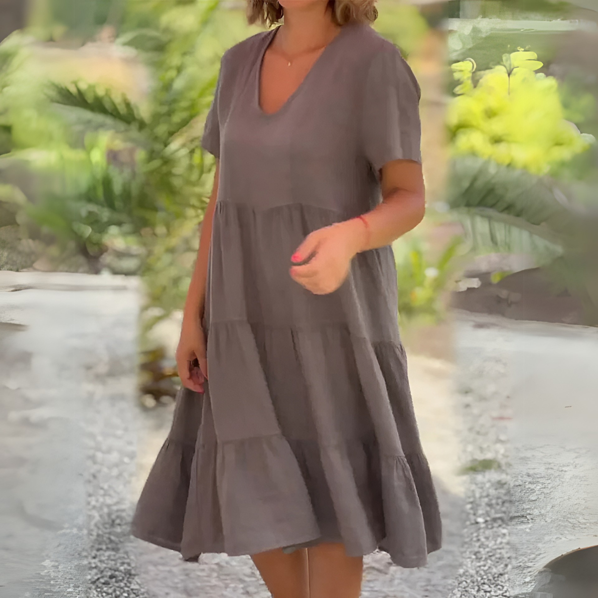 Women's flowy V-neck tummy control dress in soft draping silhouette with flattering feminine cut