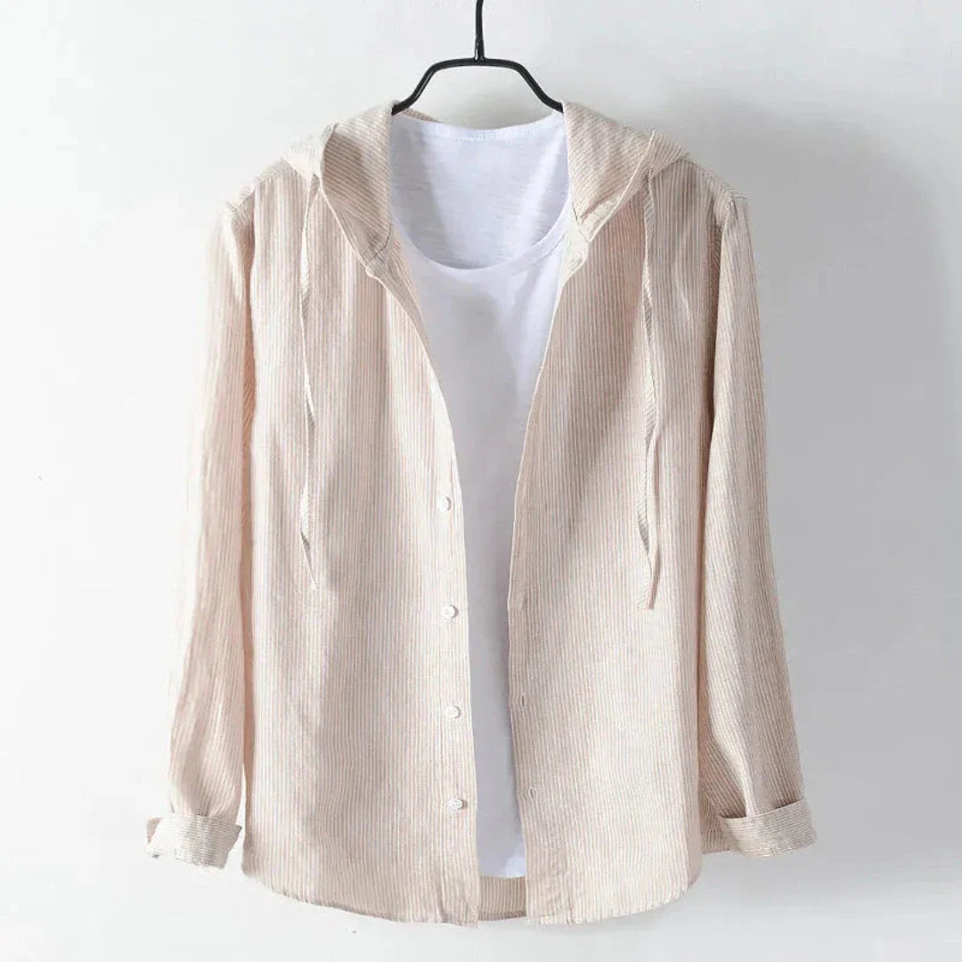 Beige linen hooded button-up shirt with built-in white tee and drawstring hood for casual beachwear