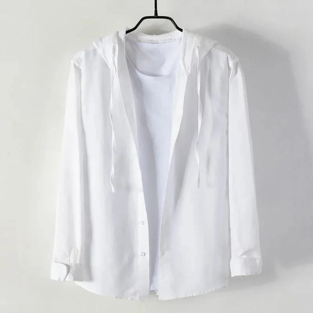 Beige linen hooded shirt with built-in white tee, button-up silhouette and drawstring hood