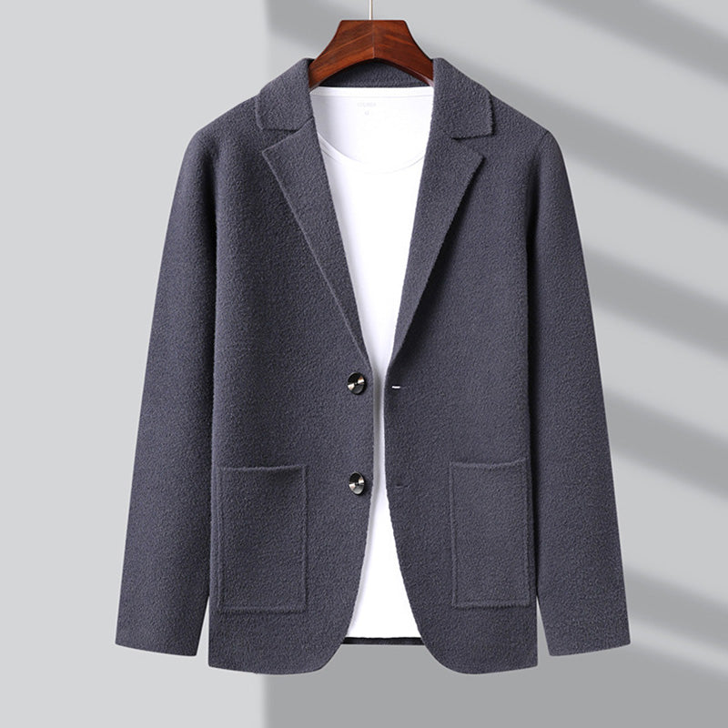 Navy wool blend unisex cardigan blazer-inspired cut with structured knit and timeless layering appeal