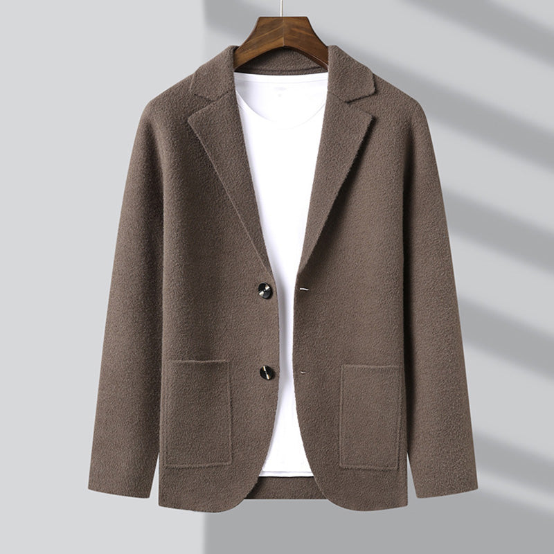 Navy wool blend unisex cardigan blazer-inspired structured knit with timeless layering design
