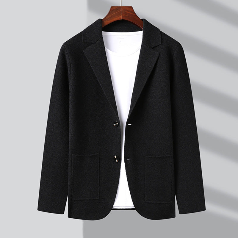 Navy wool blend unisex cardigan blazer-inspired cut with structured knit and classic charm layering