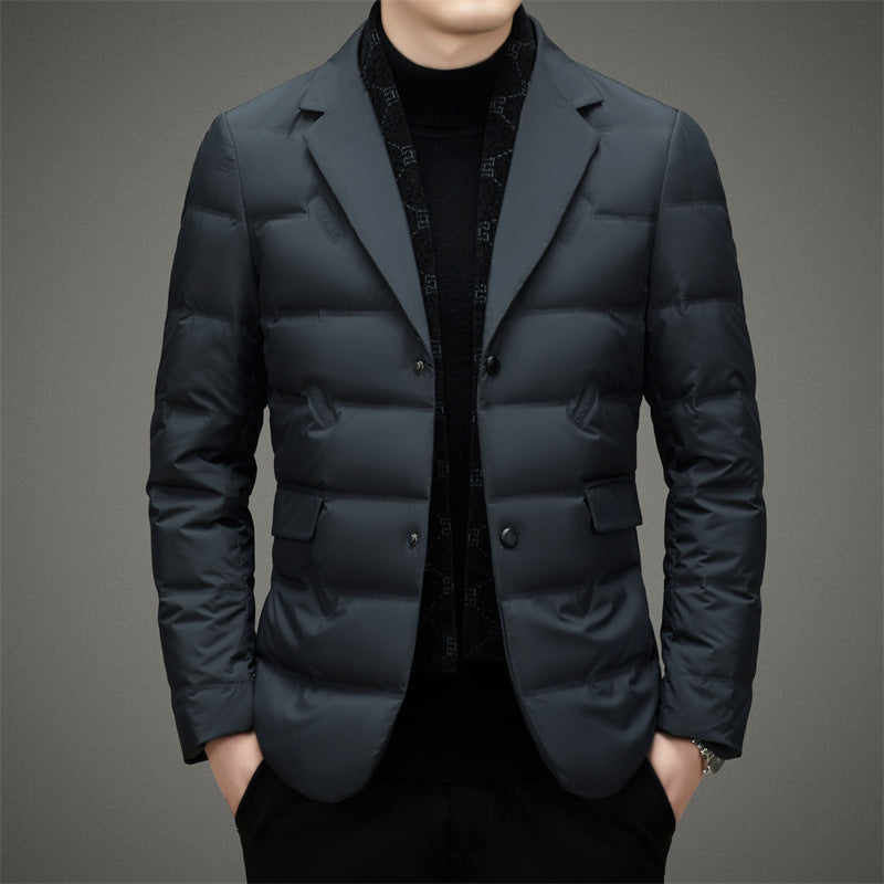 Unisex executive down jacket lapel collar plush finish warm breathable coat by François Blanchet