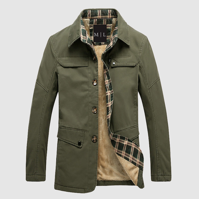 Men's mid-length fleece lined jacket regular fit button front flap pockets versatile outerwear