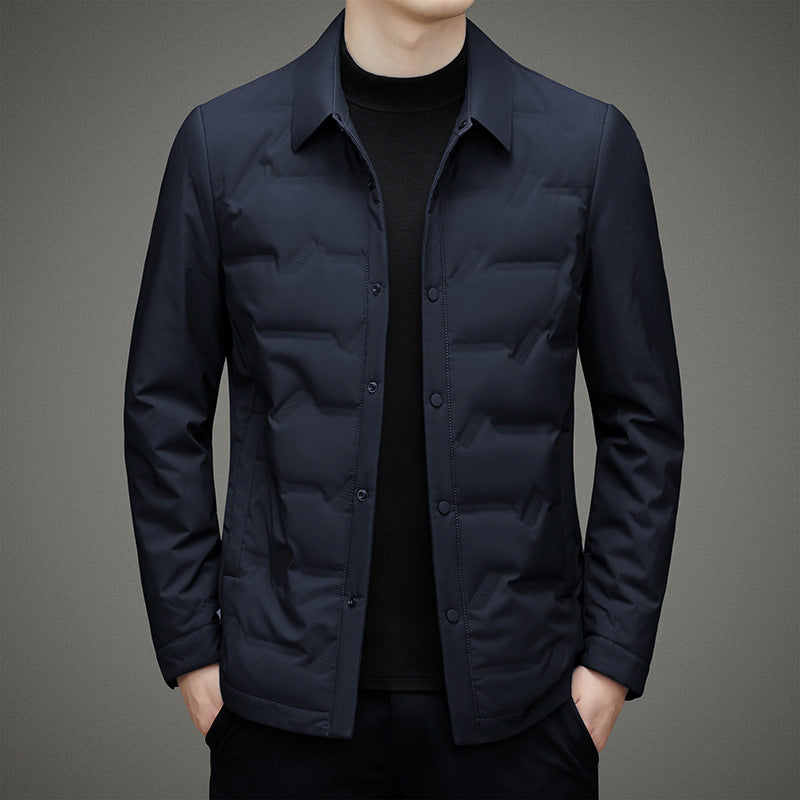 François Blanchet Regal navy down jacket with premium white duck down insulation and turn-down collar