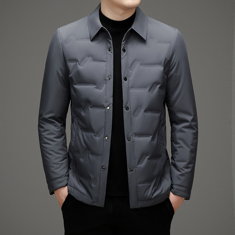 François Blanchet Regal navy down jacket with premium white duck down insulation and turn-down collar
