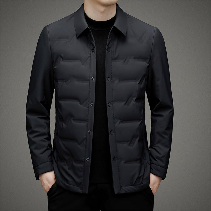 François Blanchet Regal navy down jacket with premium white duck down insulation and turn-down collar