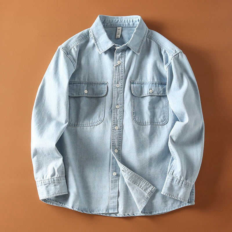 Unisex retro denim shirt vintage workwear-inspired relaxed cut with wear-resistant fabric by Wavlynn