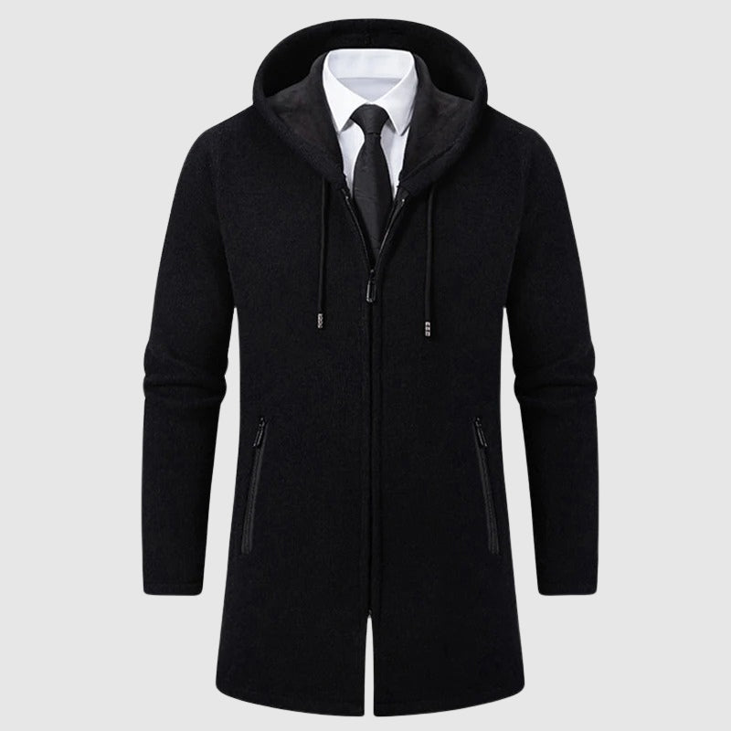 Unisex rustic hooded fleece knit coat full-zip closure relaxed vintage fit for winter warmth