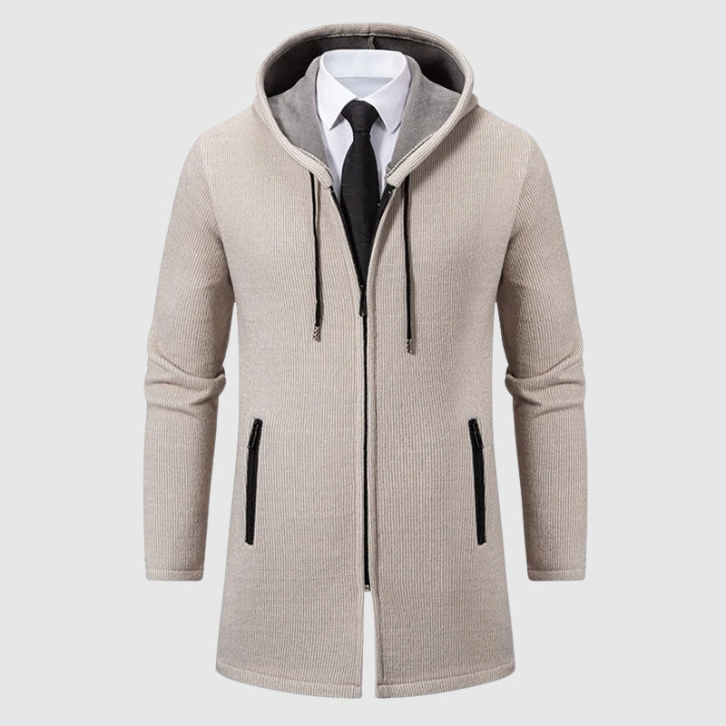 Unisex rustic hooded fleece knit coat neutral tones relaxed vintage fit full-length zip winter jacket