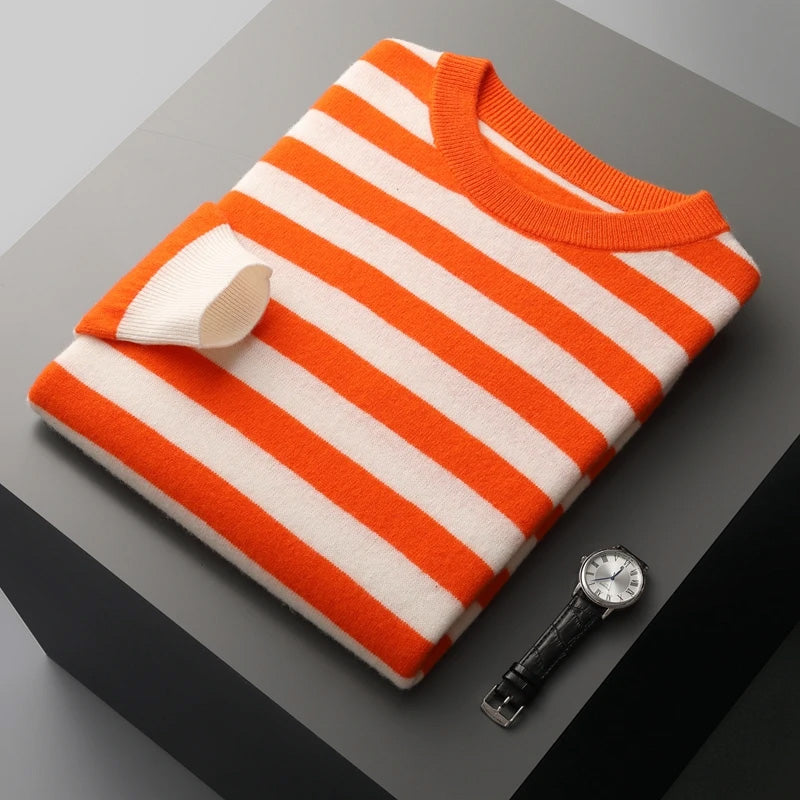 Unisex striped cashmere sweater in multicolor luxury knit with O-neck and premium soft drape
